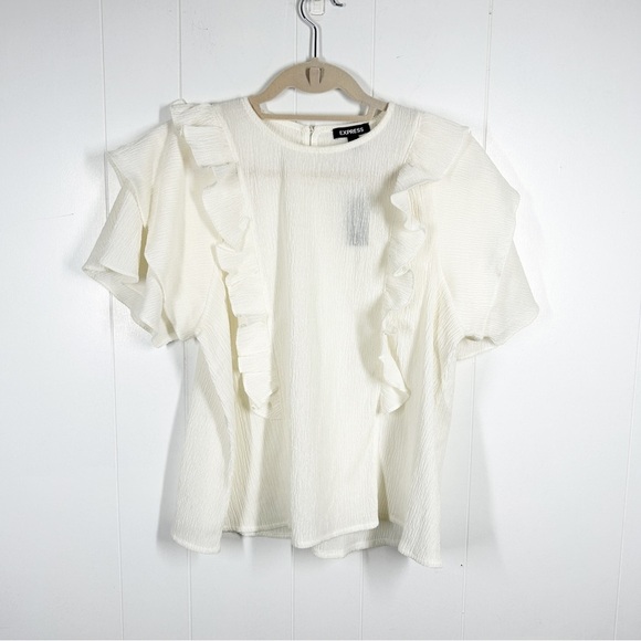 NEW Express White Cream Ruffle Shoulder Short Sleeve Top Medium - Picture 1 of 7
